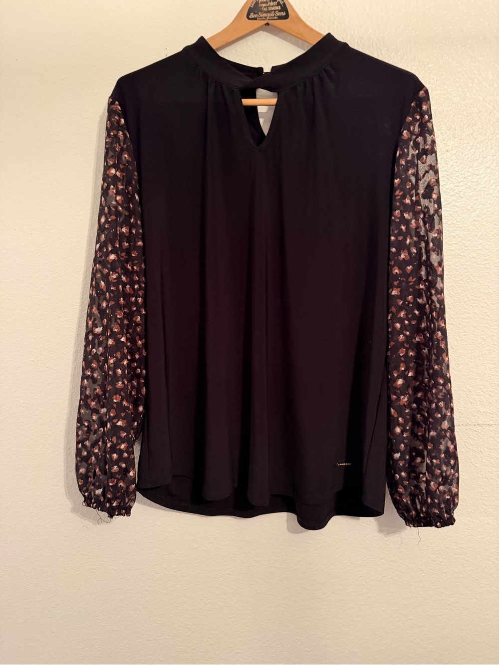Anne Klein Black Blouse with Printed Sheer Long Sleeves
